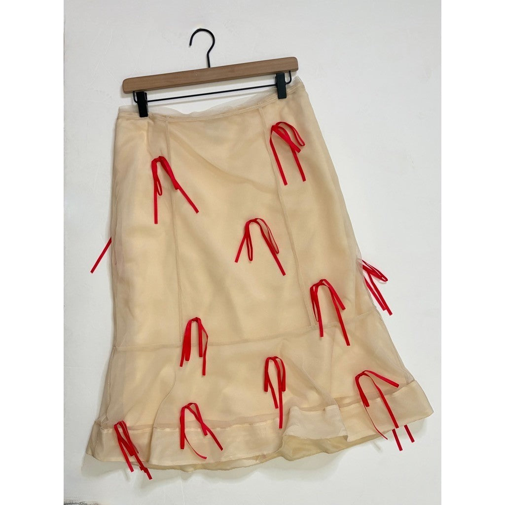 Anthropologie MAEVE Ribbon Pencil Midi Skirt Tulle Ivory Red Coquette 12 Petite