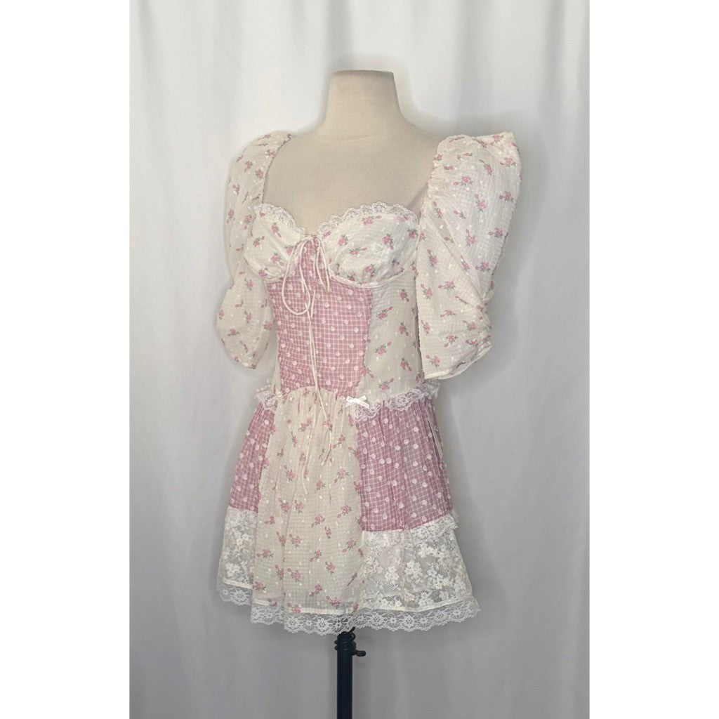 NWT!! FOR LOVE & LEMONS Francine Floral Patchwork Mini Dress Lace Coquette XS