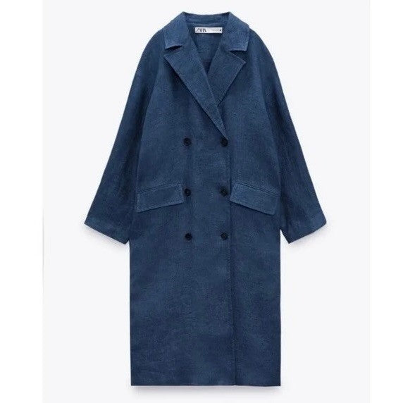 ZARA Limited Edition Linen Coat Buttons Pockets Double Breasted Blue X-Small