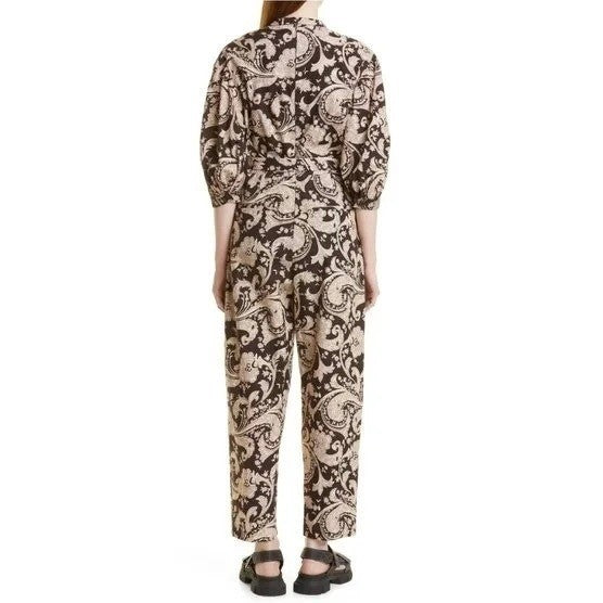 REBECCA TAYLOR Paisley Jumpsuit Scroll Paisley Espresso Belted Brown Medium
