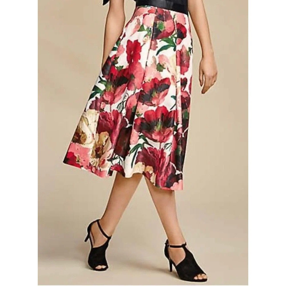 WHBM Floral Midi Skirt Pleated White House Black Market Poppy Poppies Size 6