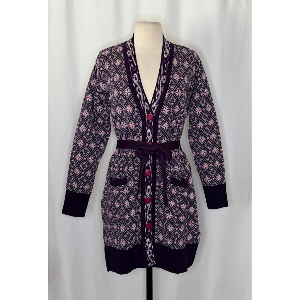 COSY WOOL by Elson Purple Geometric Cardigan Sweater Belted Tie Waist Size 38