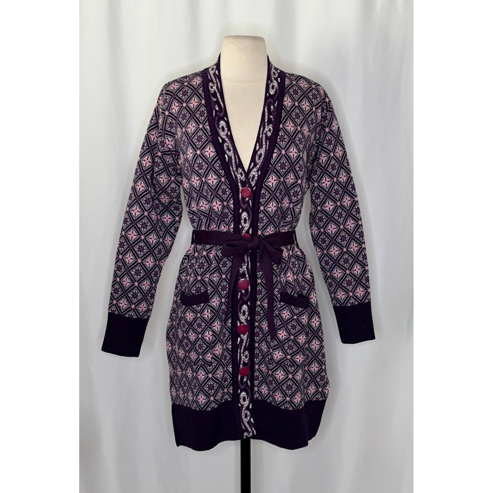 COSY WOOL by Elson Purple Geometric Cardigan Sweater Belted Tie Waist Size 38