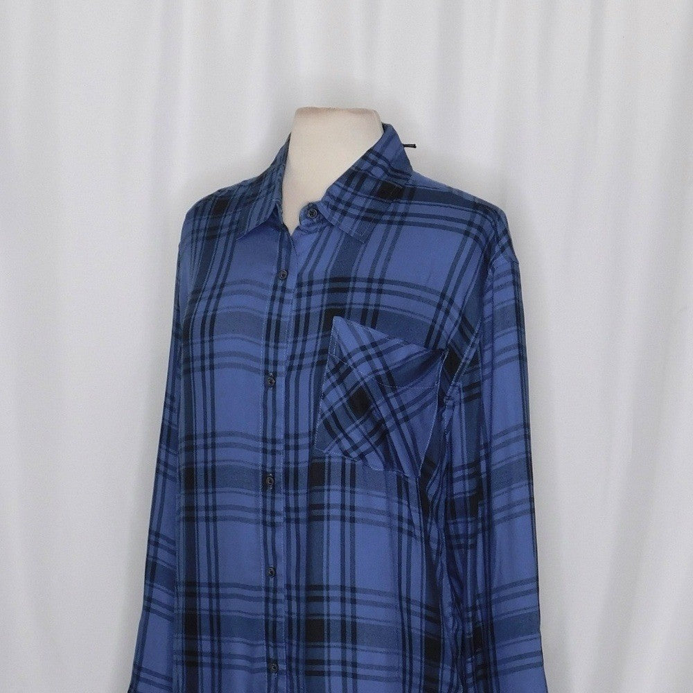 NWT!! WEWOREWHAT Boyfriend Shirt Plaid Navy Blue Collared Oversized Small Medium
