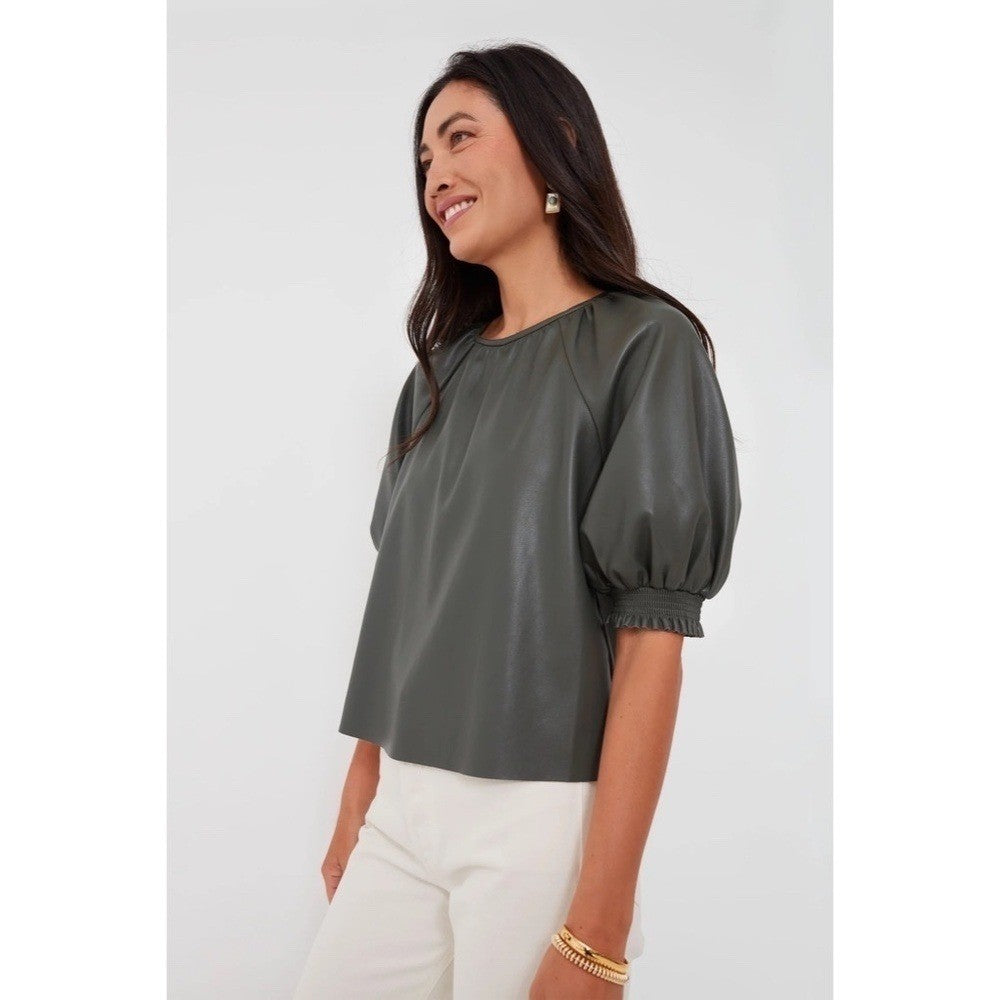 SAYLOR Juana Top Faux Leather Sage Gray Puff Sleeves Solid Streetwear Large