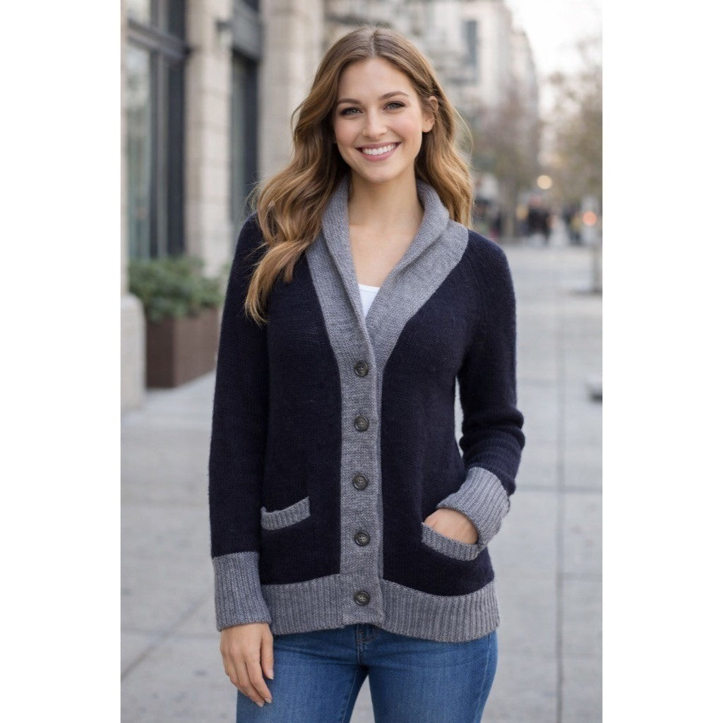 J. CREW Shawl Collar Boyfriend Cardigan Sweater Wool Mohair Navy Blue Gray XS
