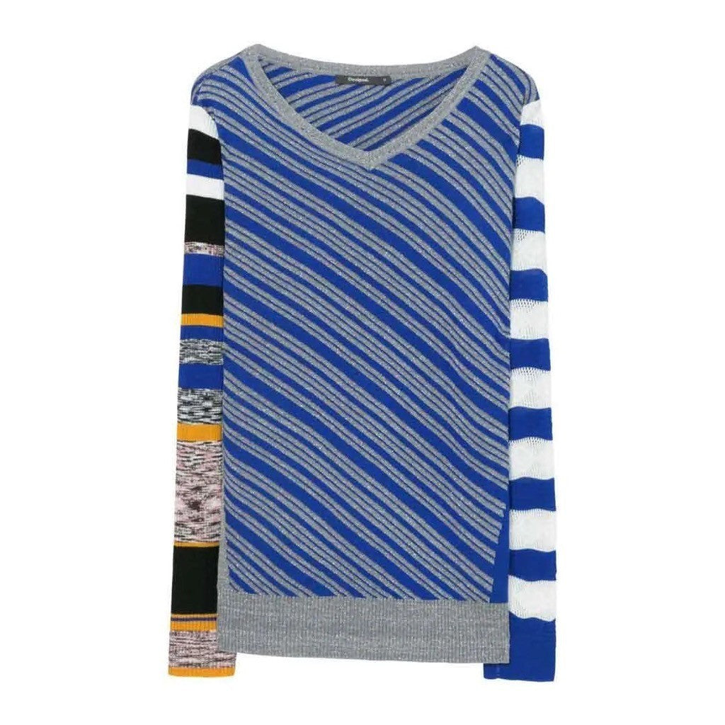 DESIGUAL Nieves V-Neck Pullover Sweater Colorful Stripes Metallic Large