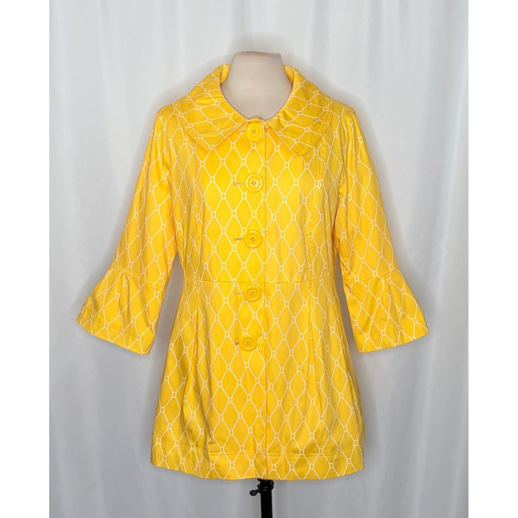 EDEN COURT Yellow White Geometric Print Coat Jacket Bell Sleeves Pockets Large