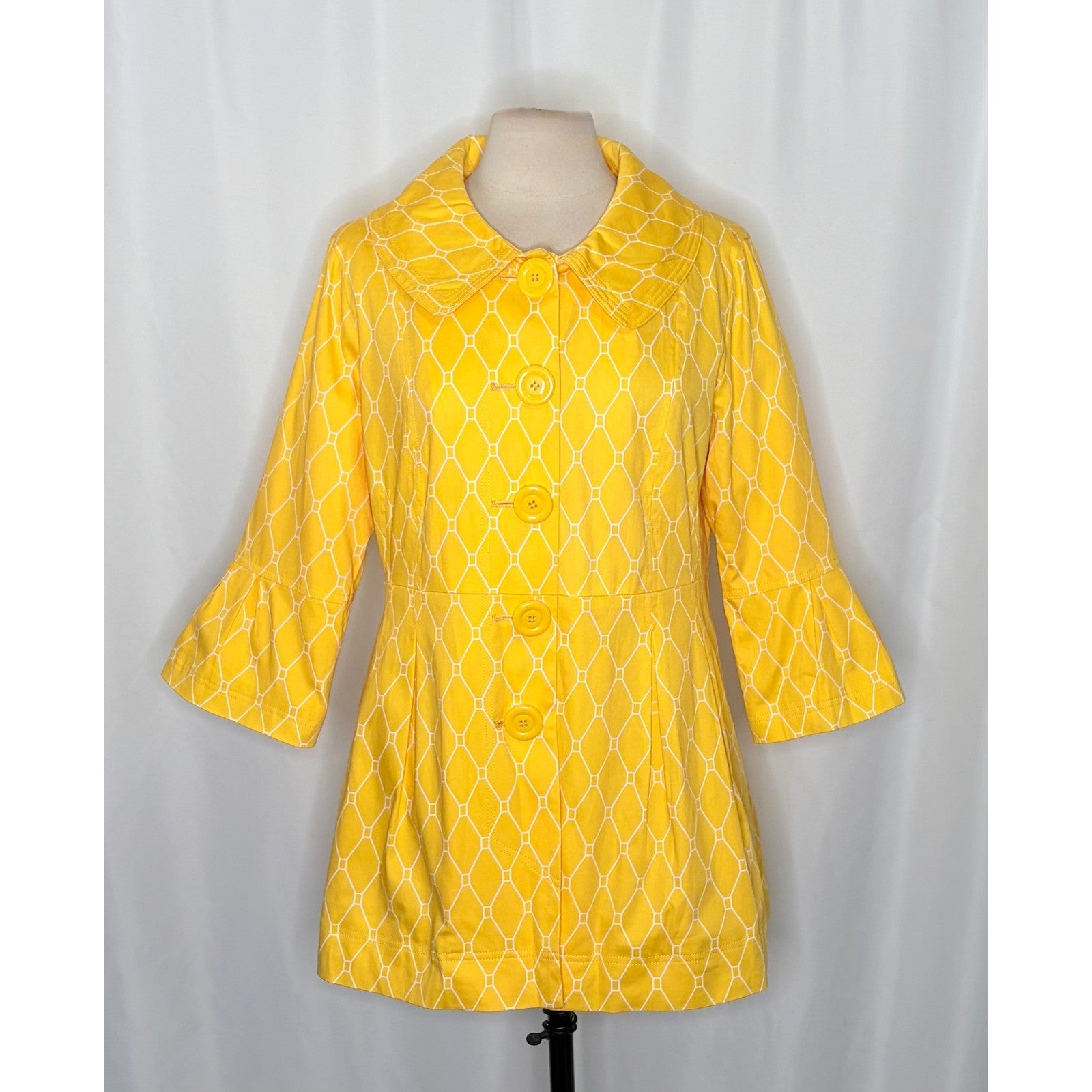 EDEN COURT Yellow White Geometric Print Coat Jacket Bell Sleeves Pockets Large