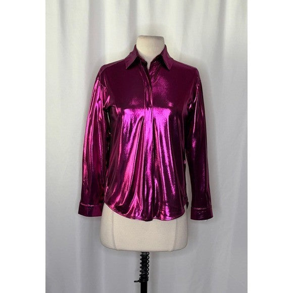 By ANTHROPOLOGIE Magenta Pink Shimmer Shine Lamé Buttondown Top Blouse X-Small