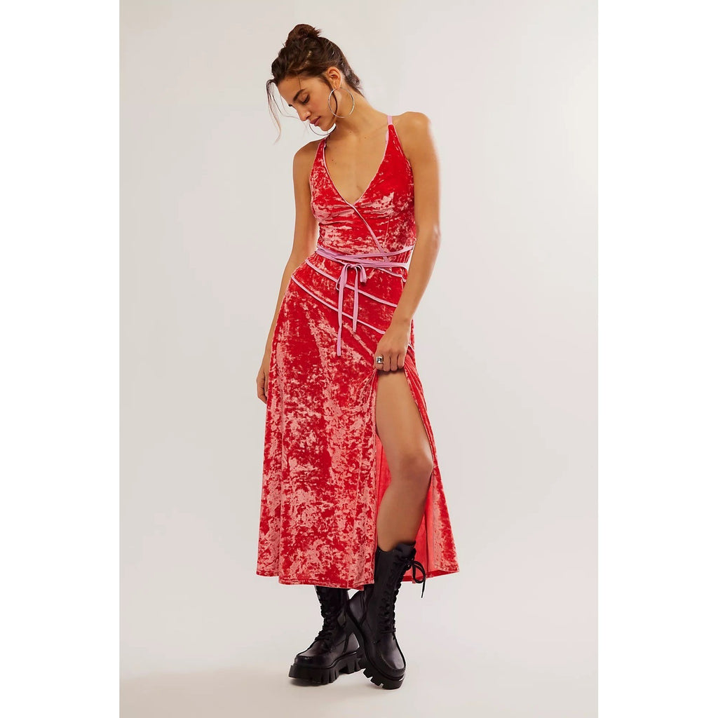 FREE PEOPLE Deia Velvet Midi Dress Pink Rose Strappy Dainty Romantic X-Small