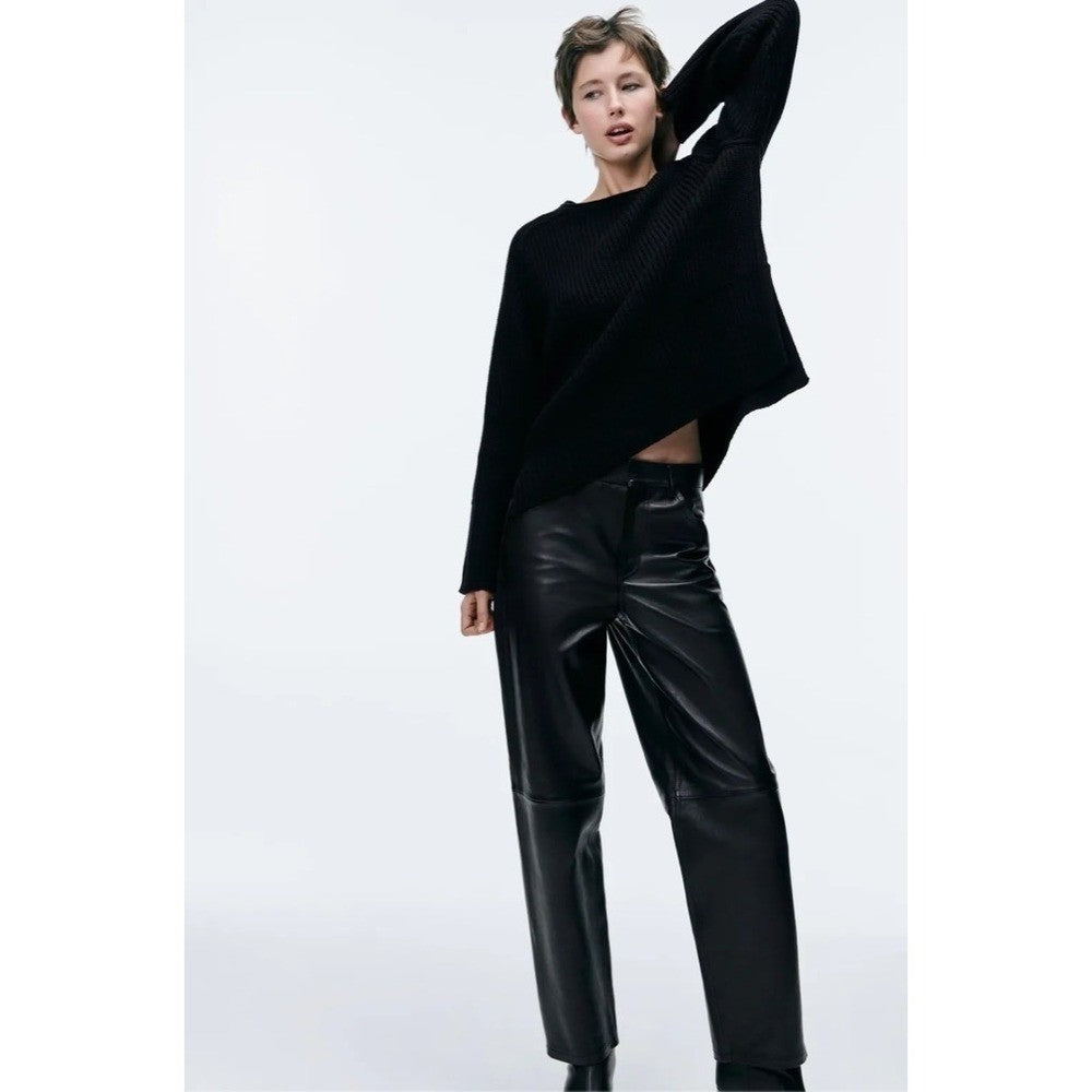 ZARA Wool Blend Solid Black Shaker Knit Pullover Sweater Minimalist Medium