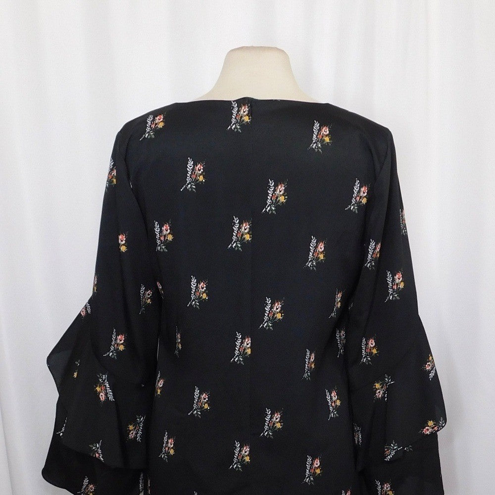 KOBI HALPERIN Ayana Ruffle Sleeve Black Floral Dress Cape Shift Dress Medium