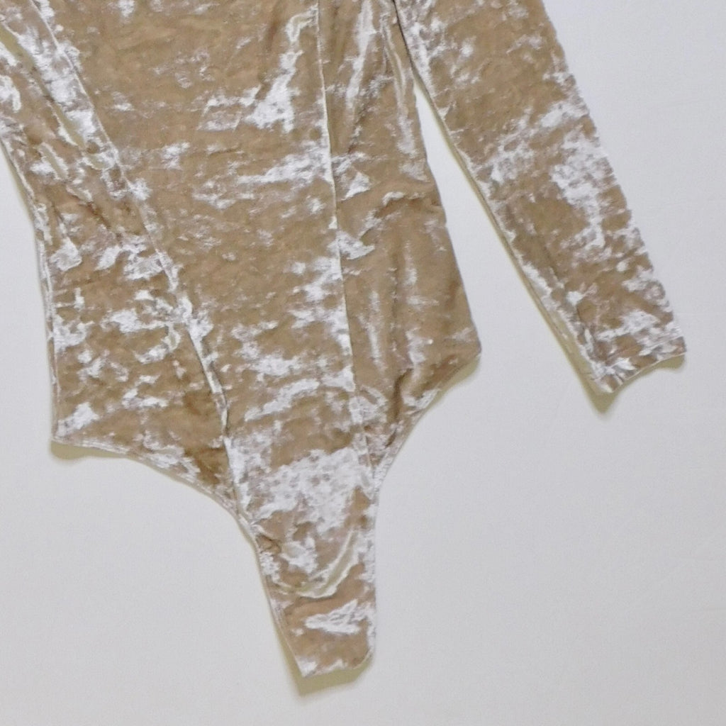ZARA Velvet High Neck Bodysuit Top Champagne Ecru Fitted Snaps Party X-Small