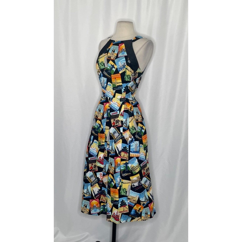 EVA FRANCO Travel Poster Jenna Dress Midi Halter Neck Colorful Pleated Pockets 6