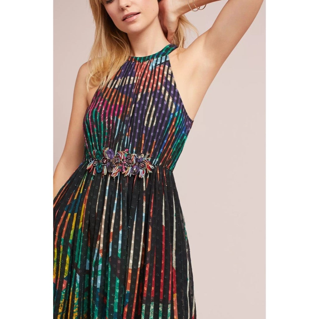 Anthropologie GEISHA DESIGNS Kalinka Maxi Dress Halter Embellished Clip Dot 0