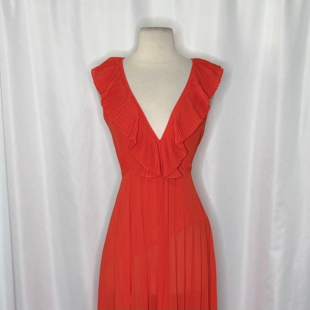 ZARA Pleated Ruffled Red Maxi Dress Plunge V Neckline Valentine 2731/060 Medium