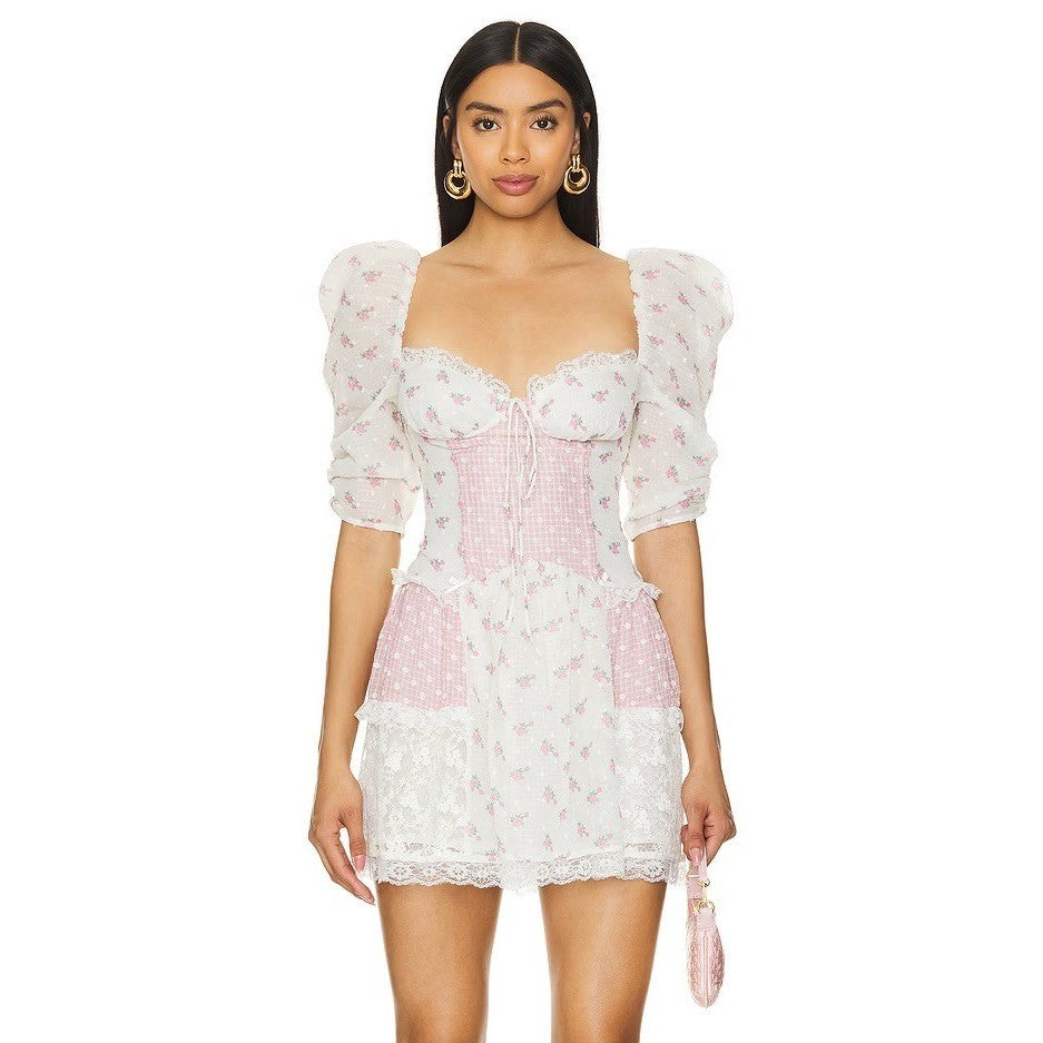 NWT!! FOR LOVE & LEMONS Francine Floral Patchwork Mini Dress Lace Coquette XS