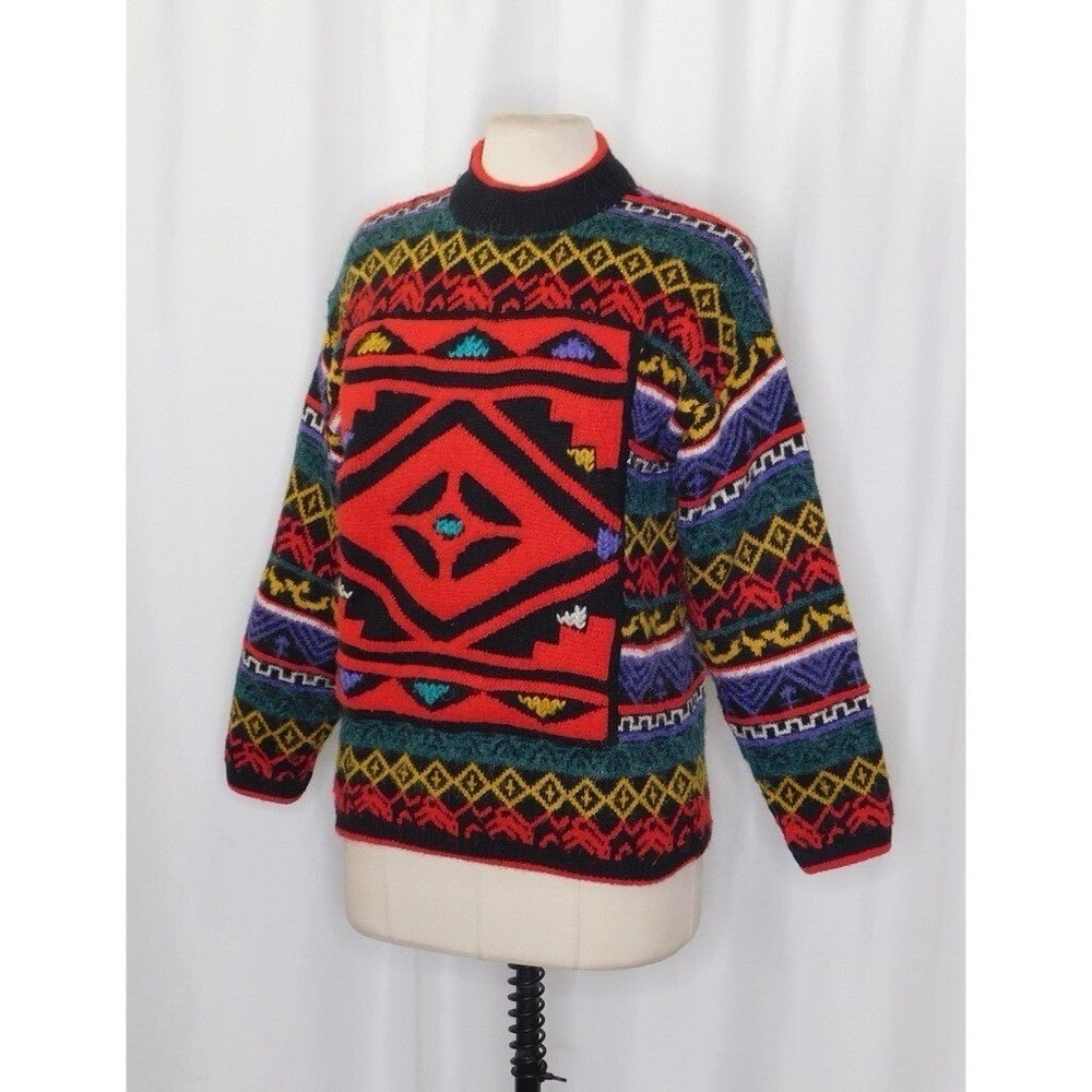 Vintage KITTY HAWK Bright Colorful Pullover Sweater Fairisle Geometric Medium