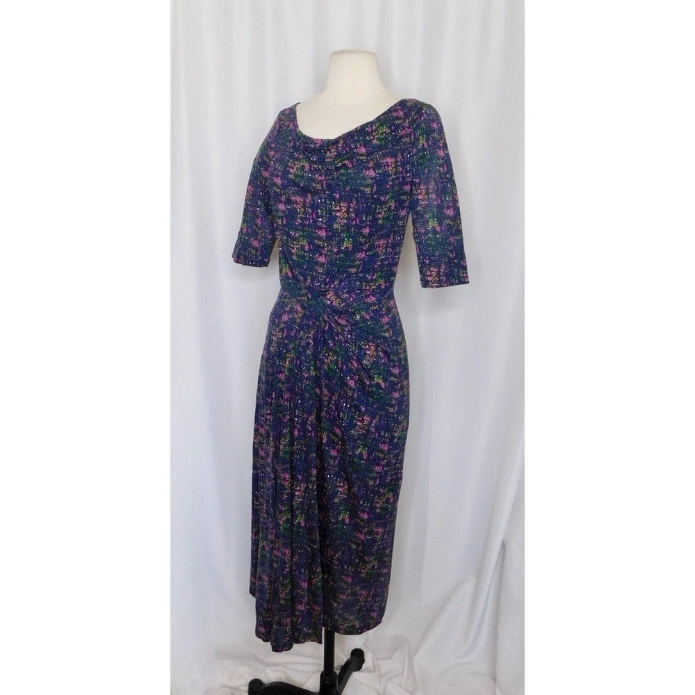 BODEN Drape Neck Pleated Ruched Midi Dress Abstract Print Knit Pleats 4L 4 Tall