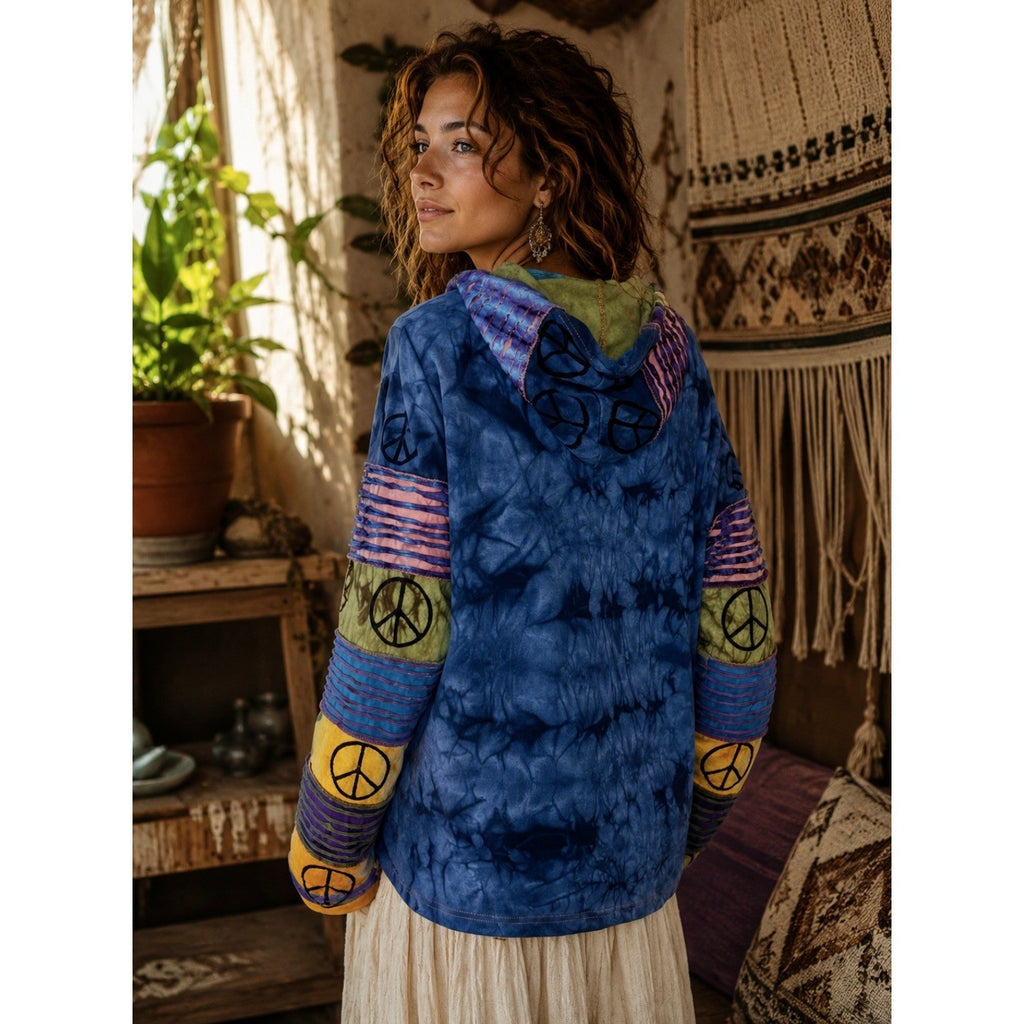 RISING INTERNATIONAL Hooded Peace Sign Tie Dye Jacket Hood Colorful X-Large