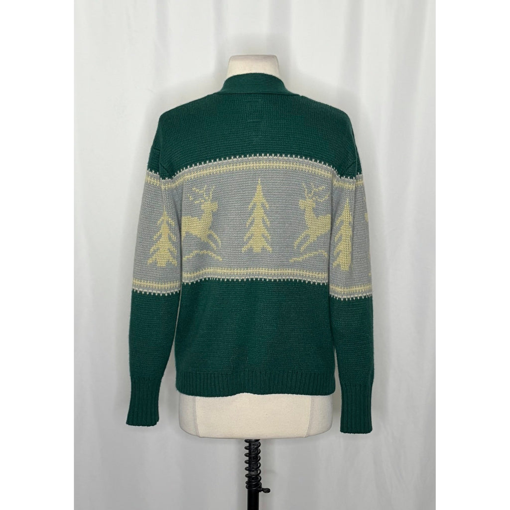 Anthropologie TINY Reindeer Cardigan Sweater Wool Blend Pockets Green X-Small