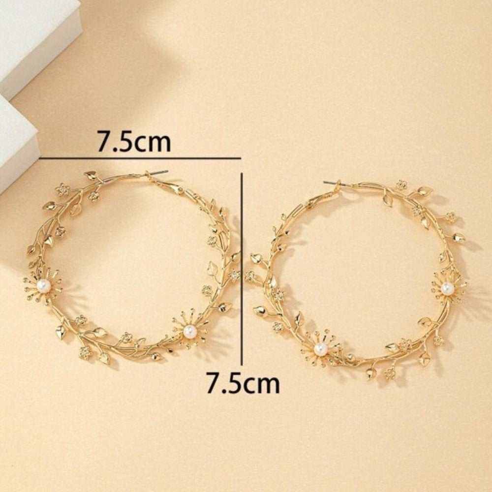 NEW!! Gold Leaf Pearl Hoop Earrings Large Round Floral Boho Circle Pearls Bridal