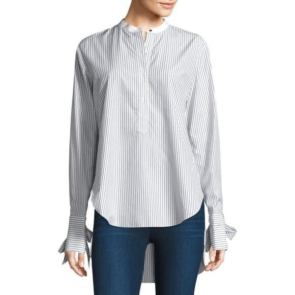 RAG & BONE Dylan Silk Tie Sleeve Striped Blouse Blue White Popover Poplin Small