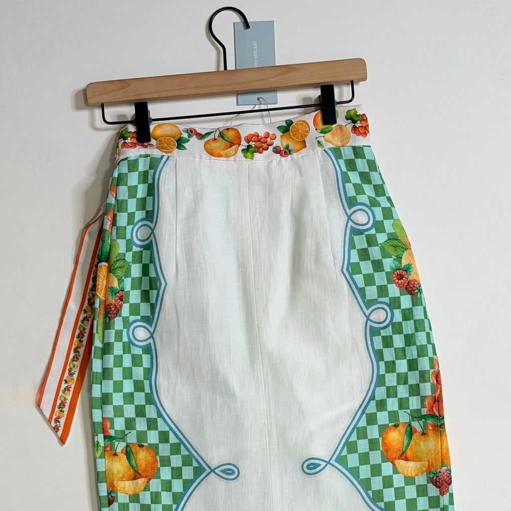 NWT!! ANTONIO MELANI Clio Wrap Skirt Linen Citrus Bliss Midi Fruit Checkered 0