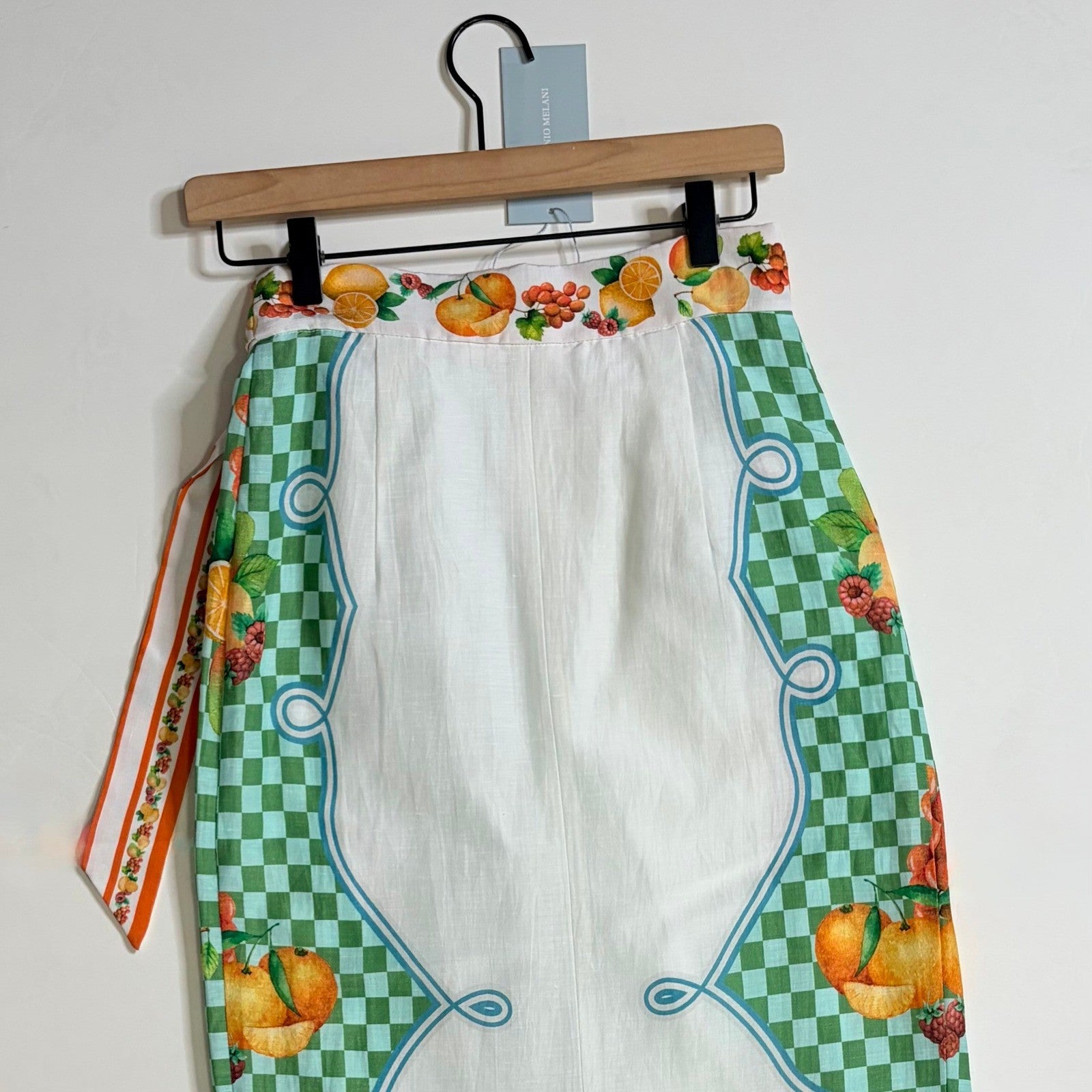 NWT!! ANTONIO MELANI Clio Wrap Skirt Linen Citrus Bliss Midi Fruit Checkered 0