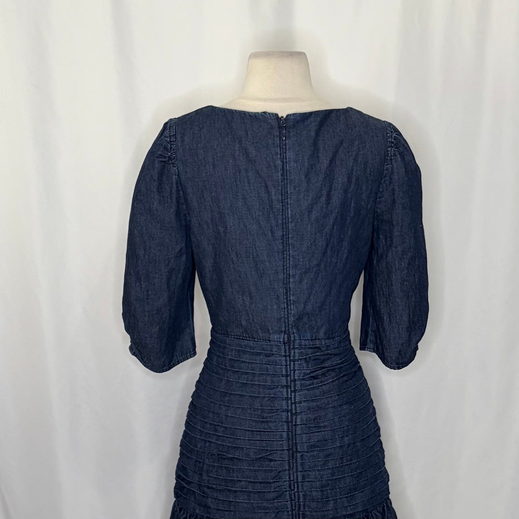 TANYA TAYLOR Pansy Dress Blue Denim Pleated Mini Puffed Sleeves Flirty Size 6