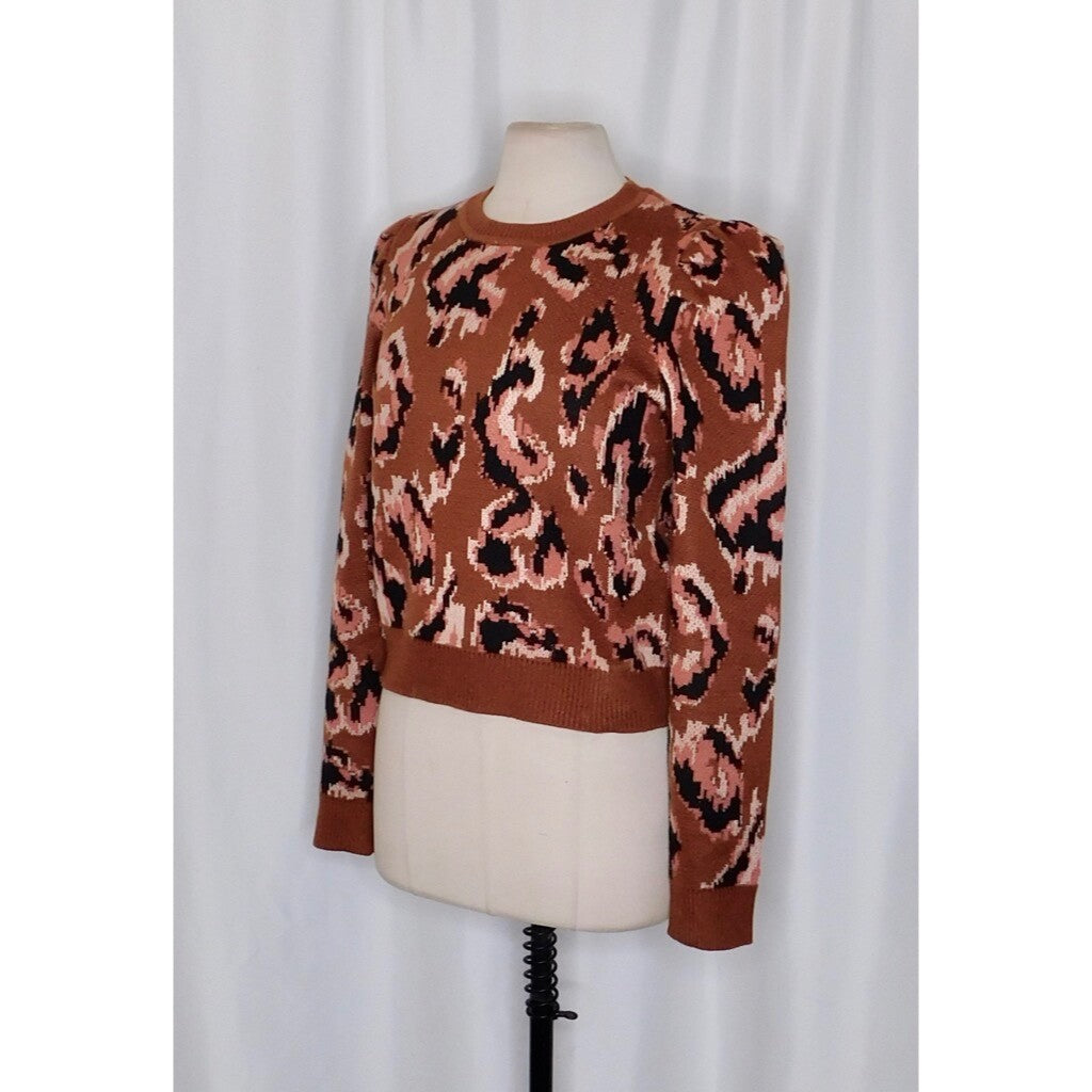 DEREK LAM Collective Brown Animal Print Sweater Leopard Puff Sleeves Large