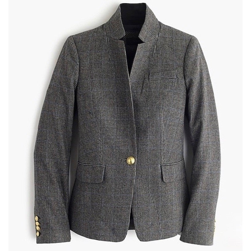 J. CREW Wool Regent Blazer Plaid Satin Lapels Houndstooth Black Gray Size 6