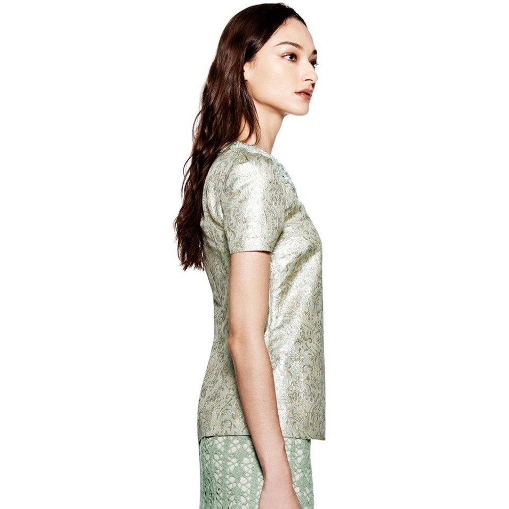 TORY BURCH Lola Top Blouse Aqua Glass Embellished Silk Brocade Floral Size 4