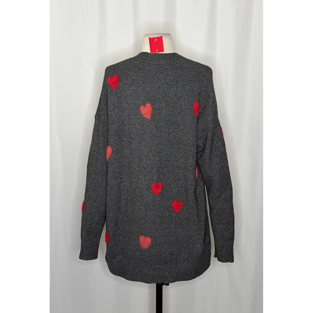 NWT!! CELEBRATE TOGETHER Heart Cardigan Sweater Grey Pink Red Hearts Large