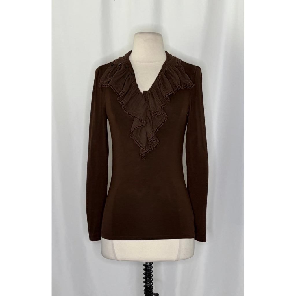 Lauren RALPH LAUREN Brown Ruffled Jersey Knit Blouse Top Solid Brown Small