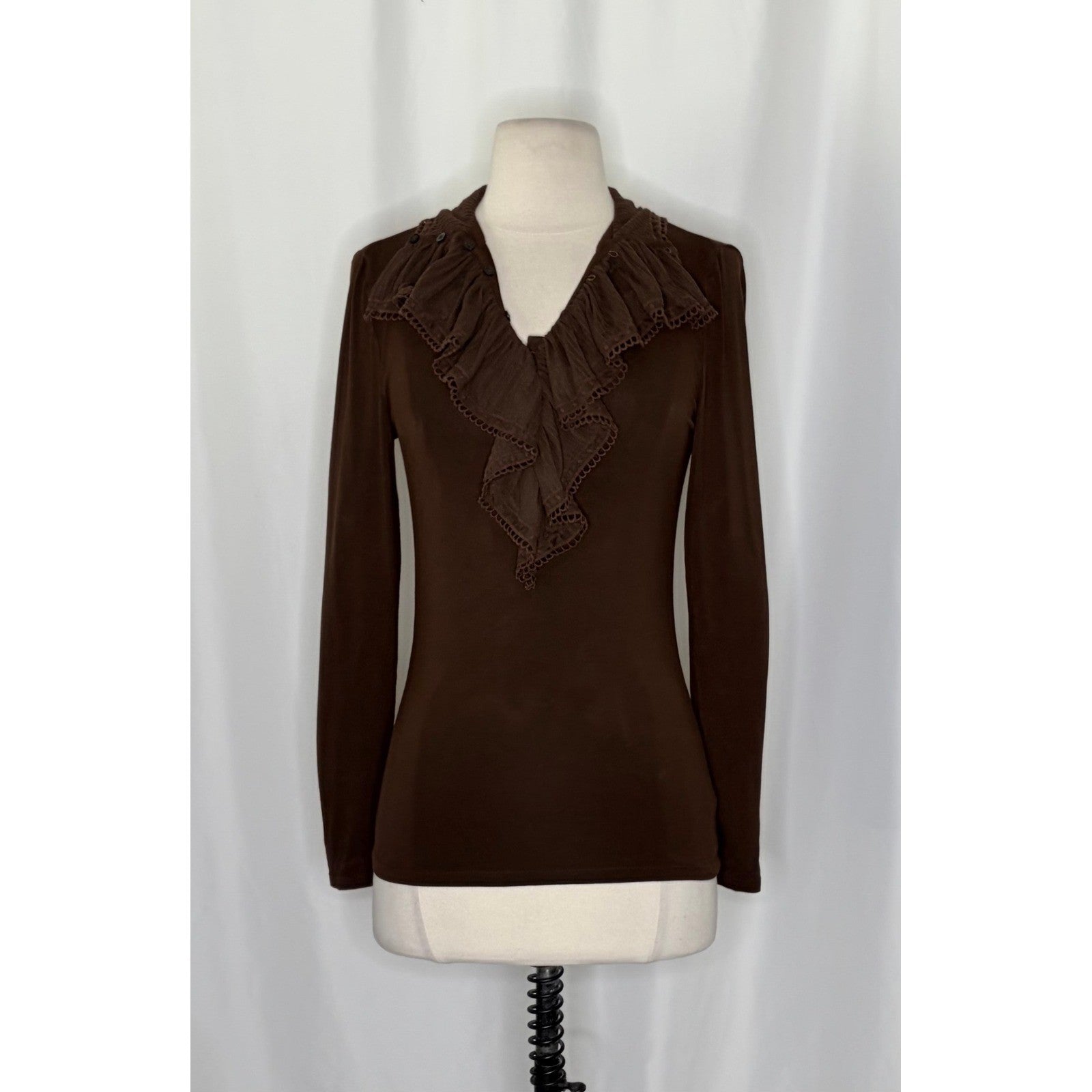 Lauren RALPH LAUREN Brown Ruffled Jersey Knit Blouse Top Solid Brown Small