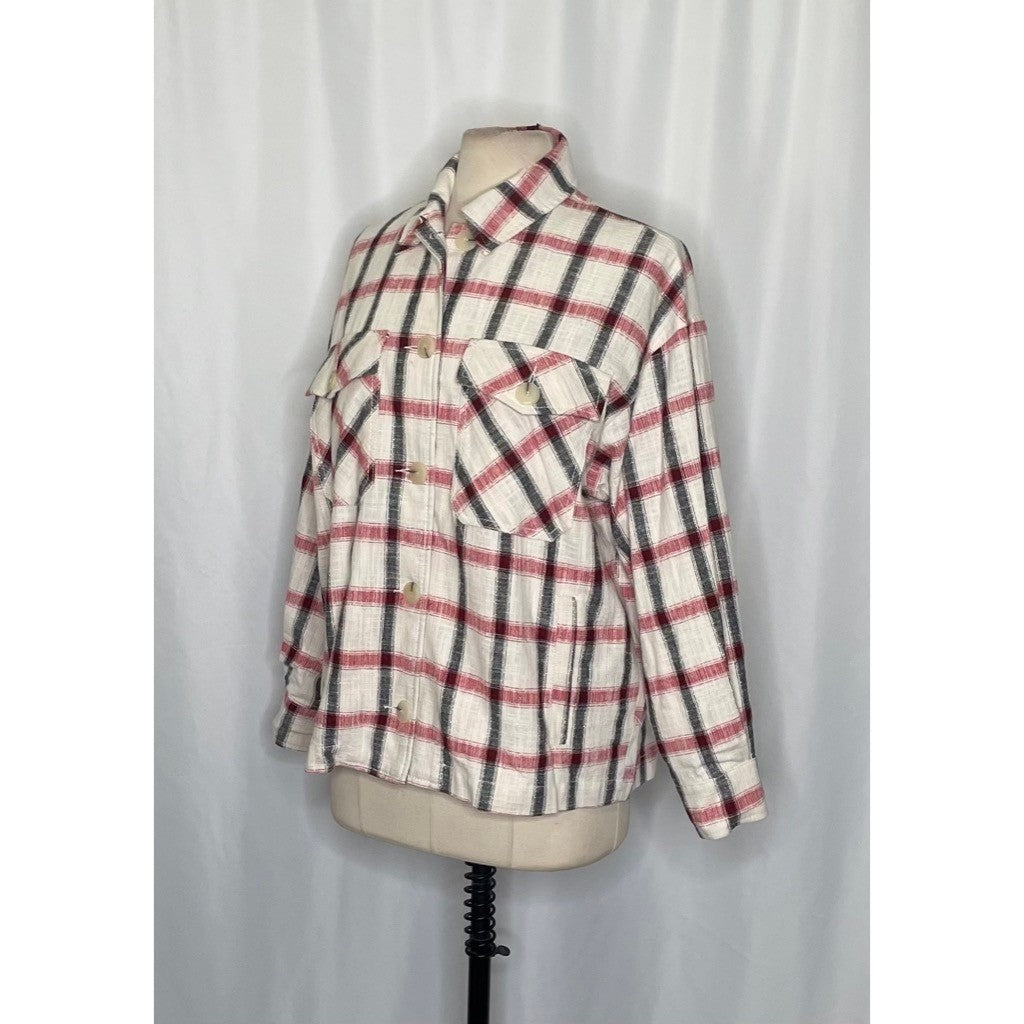 NWT!! ZARA Plaid Oversized Buttondown Shirt Red White Black Pockets Retro Small