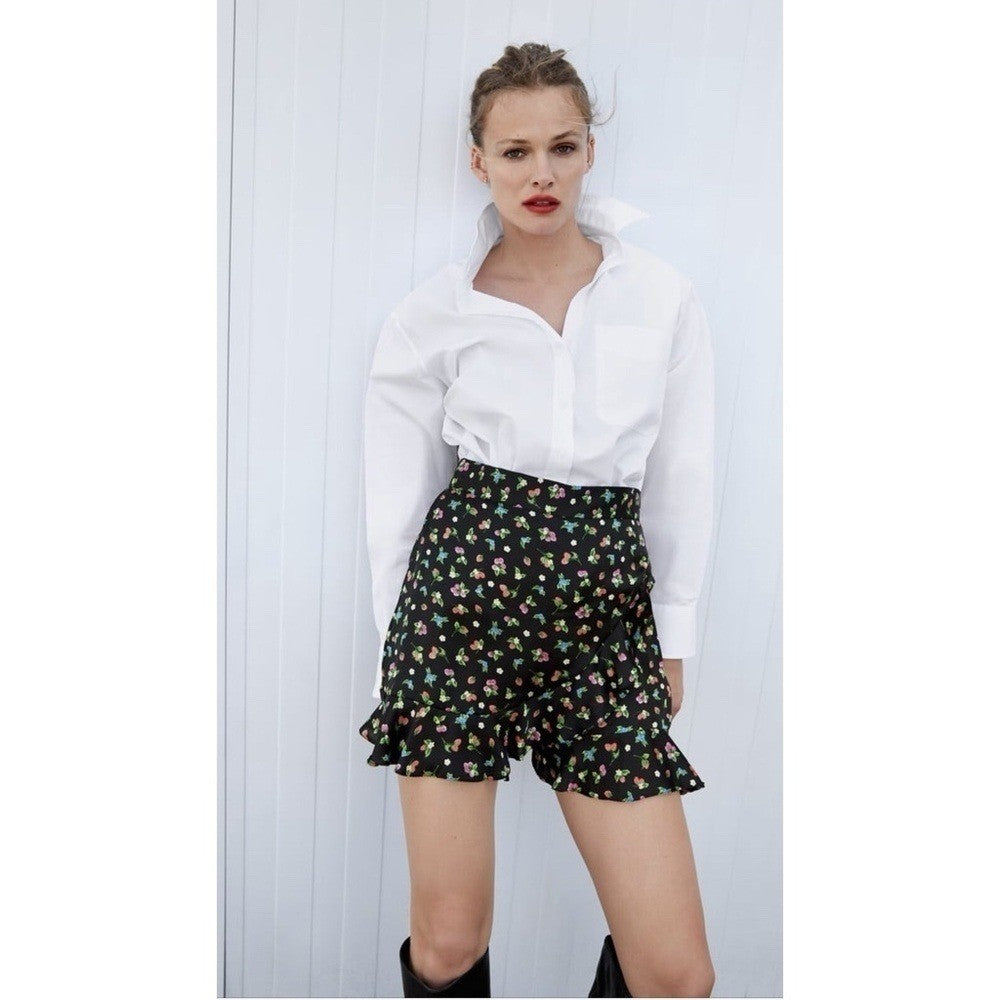 ZARA Black Floral Fruit Berries Ruffled Satin Shorts Skort Satin Summer X-Small