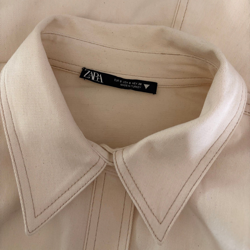 ZARA Natural Cream Shirtdress Mini Shirt Dress Buttons Pockets Twill Small