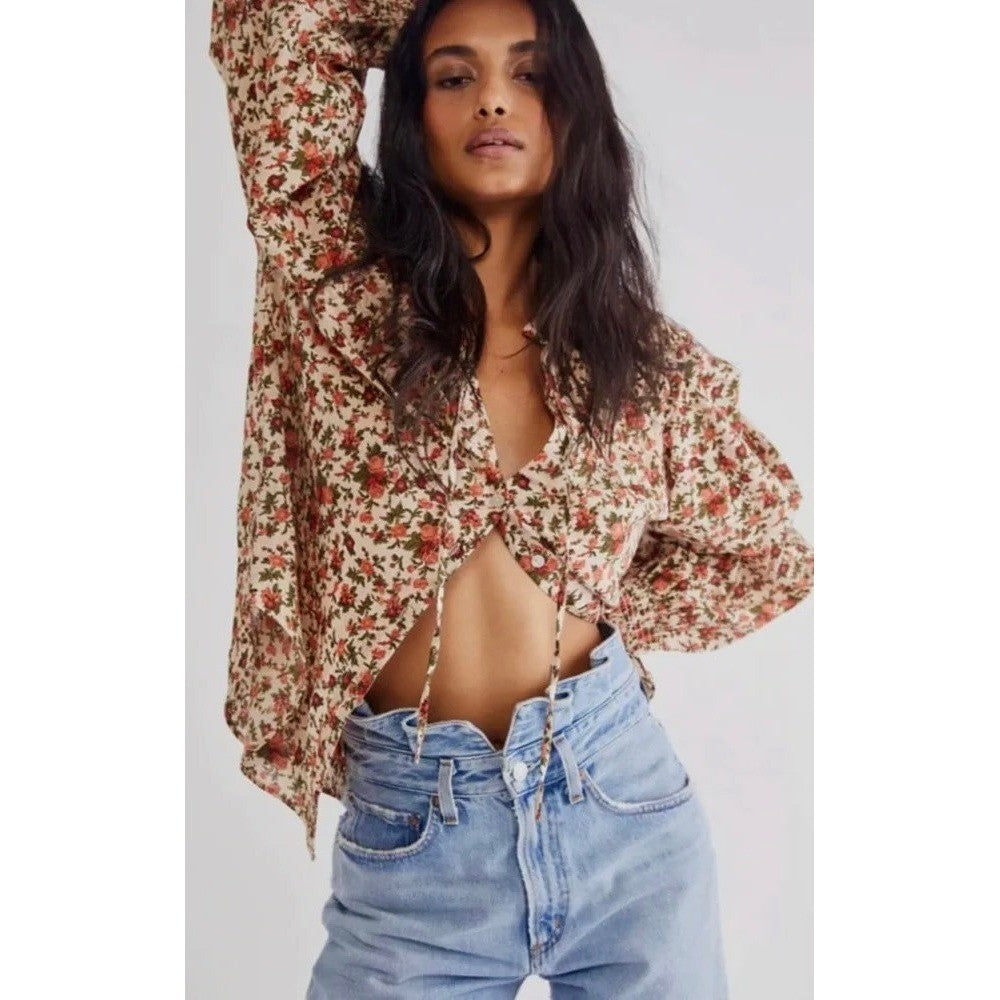 FREE PEOPLE Meant To Be Blouse Floral Vintage Combo Ruffled Smocked Small