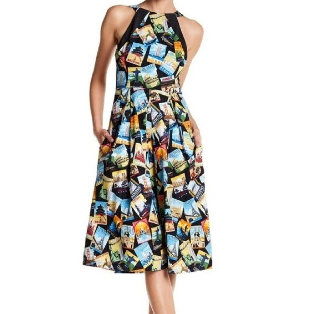 EVA FRANCO Travel Poster Jenna Dress Midi Halter Neck Colorful Pleated Pockets 6