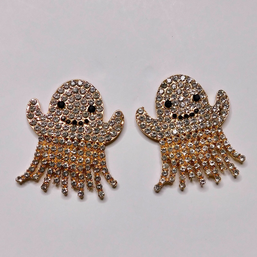 NEW Rhinestone Ghost Stud Earrings Glam Halloween Spooky Spirit Embellished