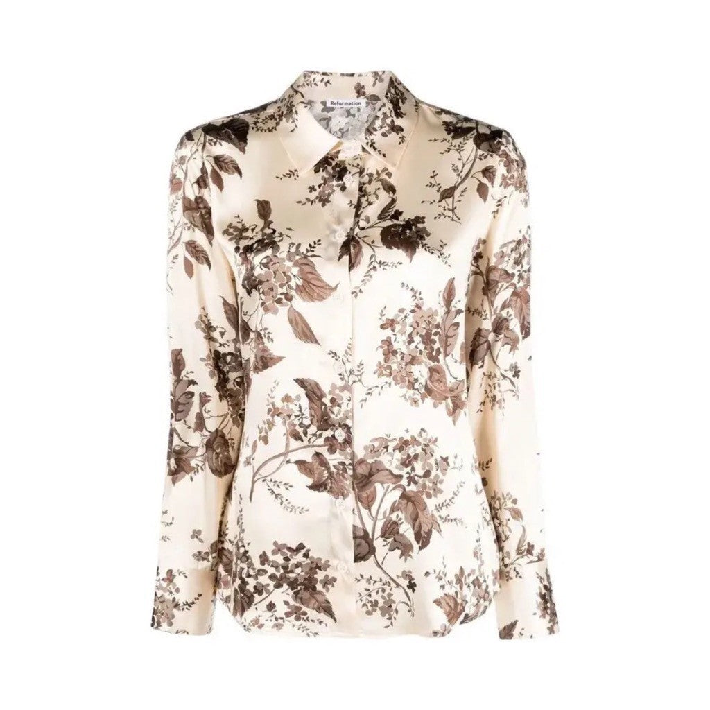 REFORMATION Silk Floral Print Blouse Top Buttondown Cream Brown Chic Large