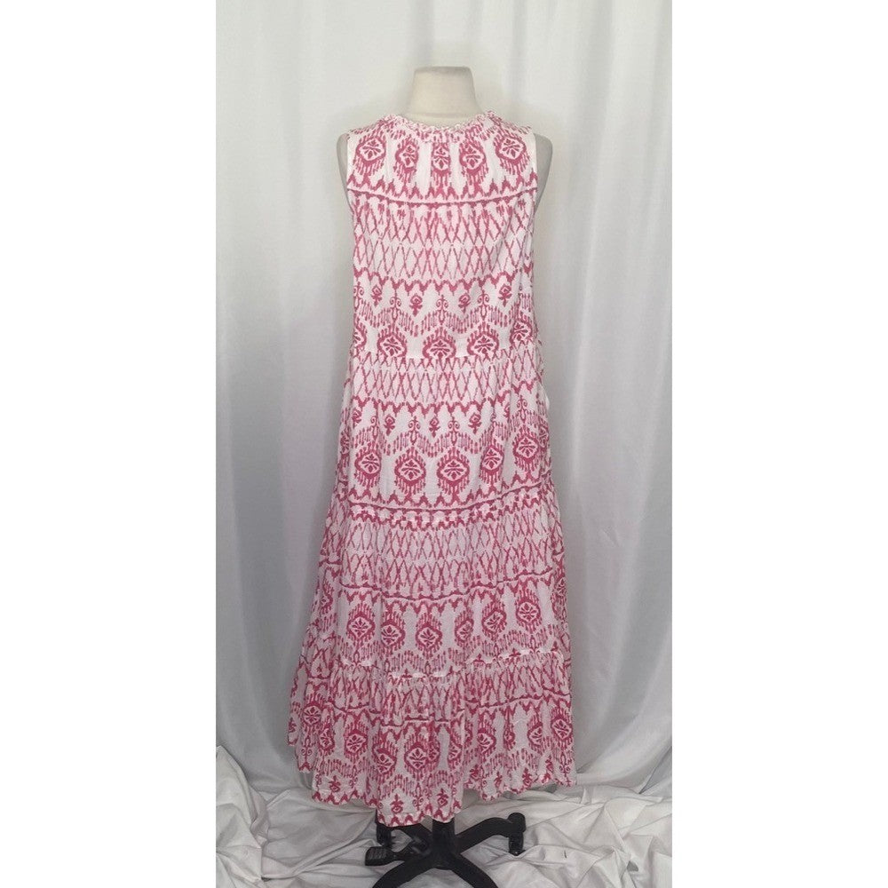 TOMMY BAHAMA Ikat Tropics Passion Pink White Midi Dress Cotton Voile Small