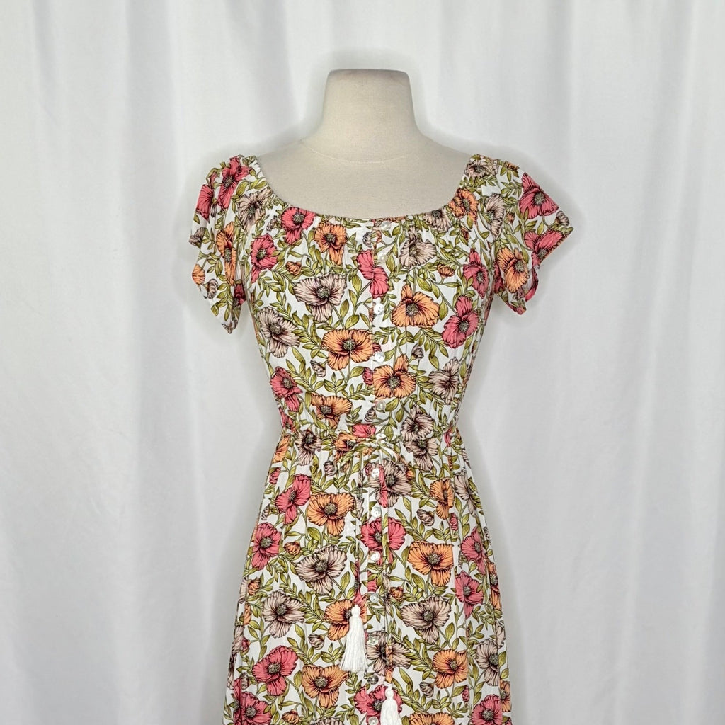 ATL ABEL THE LABEL Floral High Low Maxi Dress Pink Poppy Ruffled Bohemian XS