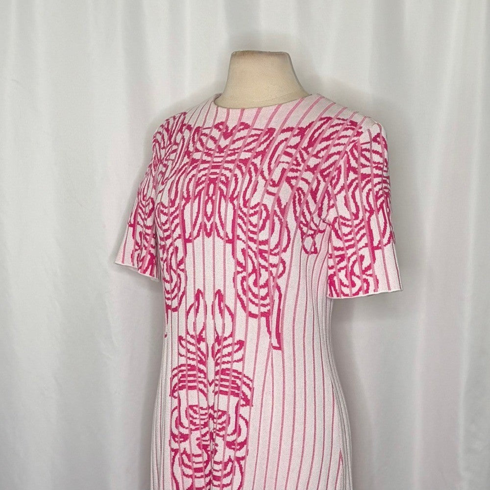MING WANG Jacquard Rib Dress White Carmine Rose Floral Knit Preppy Office Small