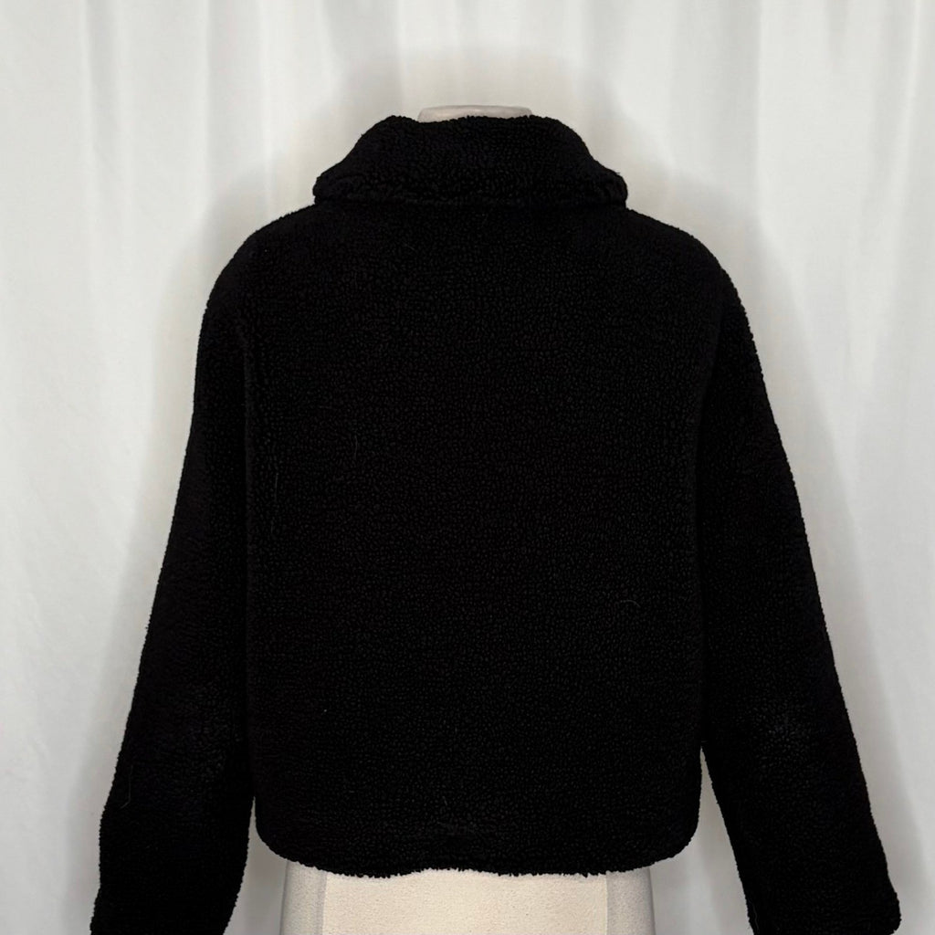 ZARA Black Sherpa Fuzzy Fleece Teddy Coat Faux Shearling Snaps Pockets Small