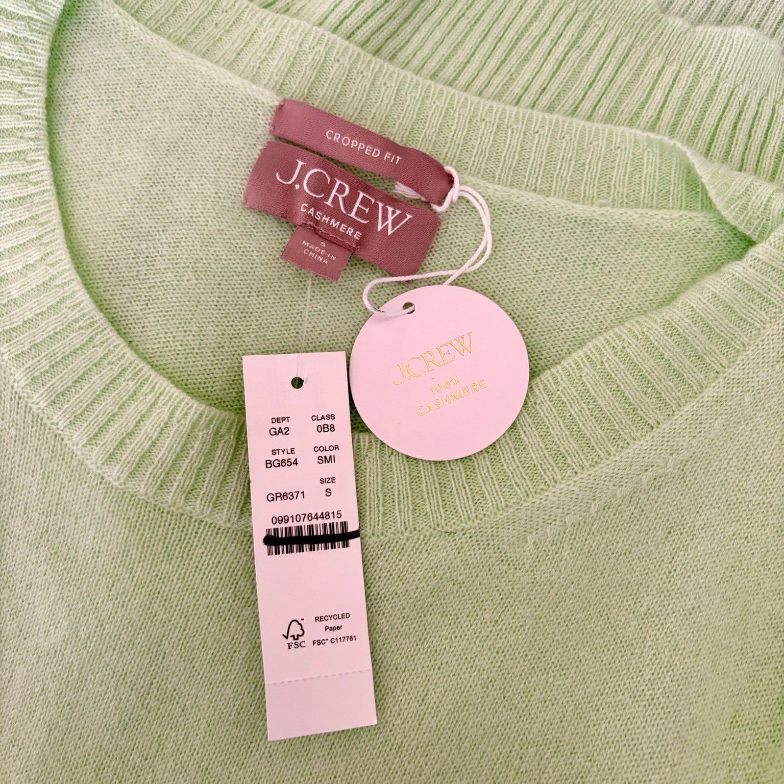 NWT!! J. CREW Cashmere Shrunken Crewneck Sweater Green Sheer Mint Knit Small