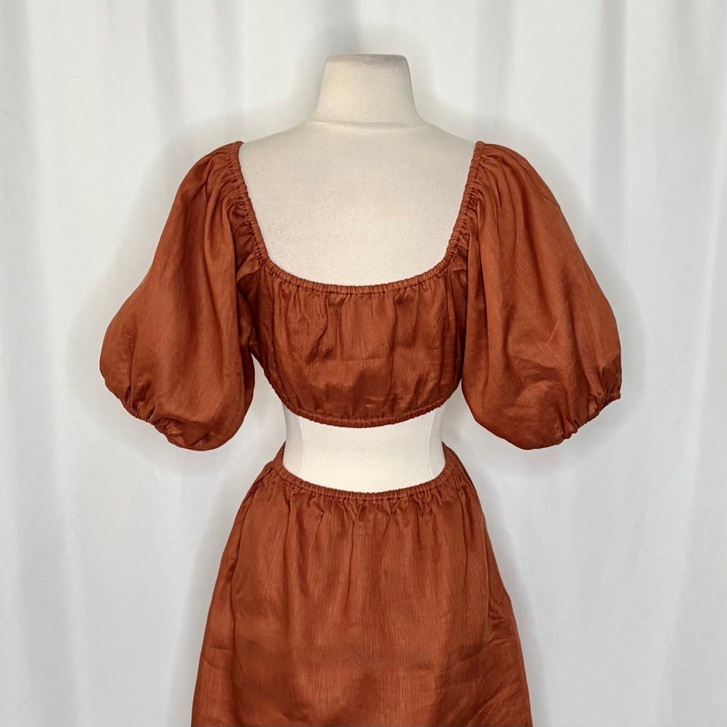 Revolve FAITHFULL THE BRAND Almero Linen Dress Brown Plain Spice Party X-Small